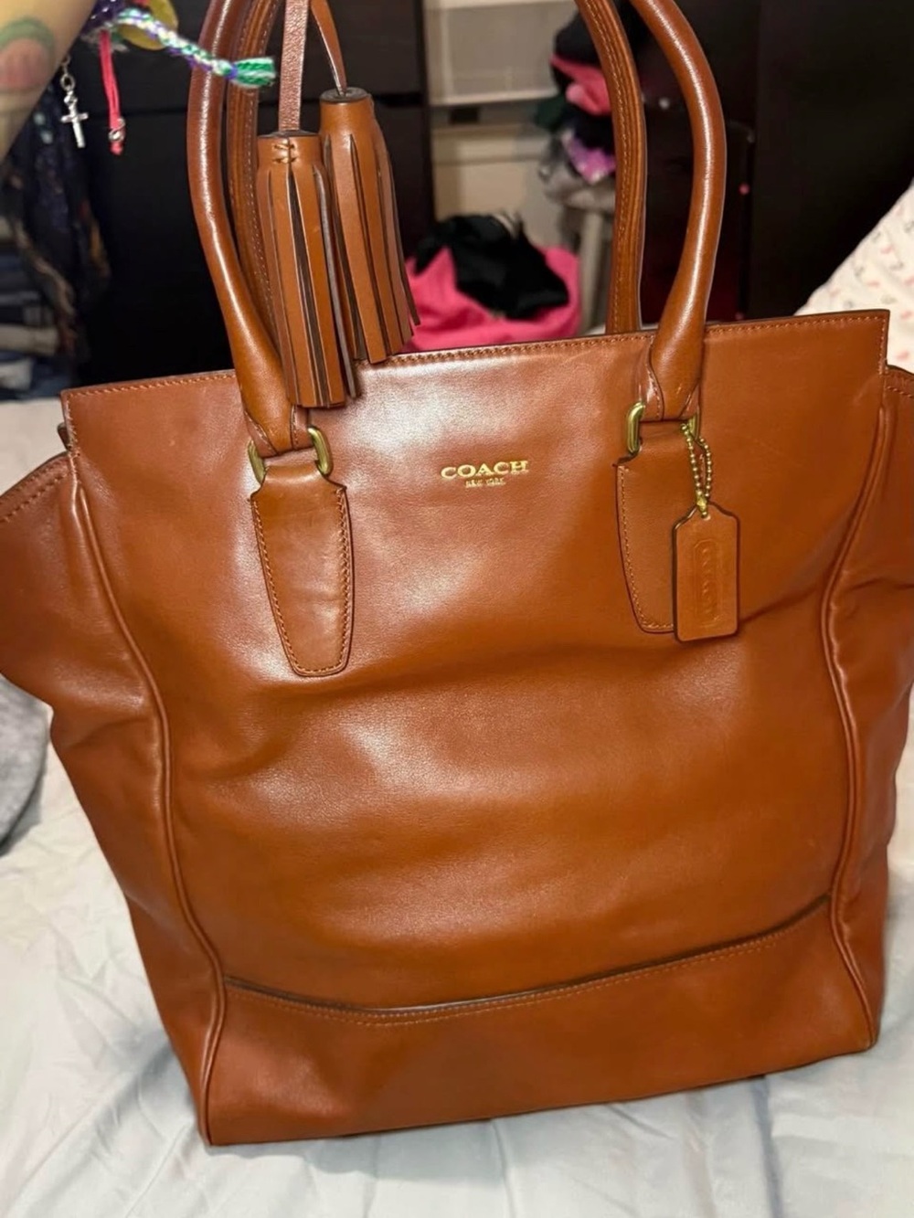 COACH Cognac Brown Leather Tote with Tassel Charm